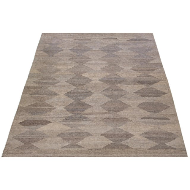 Modern 2020s Brown Flatweave Modern Kilim Wool Rug With Geometric Pattern For Sale - Image 3 of 7
