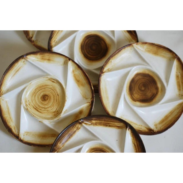 Boho Chic Vintage French Hand-Painted Stoneware Divided Plates from Longchamp, 1960s, Set of 5 For Sale - Image 3 of 9