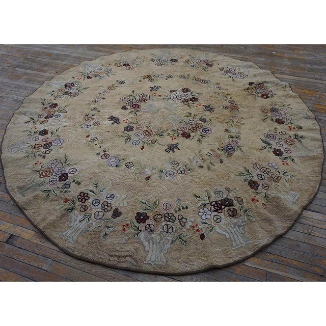 Early 20th Century American Hooked Rug ( 9' x 9' - 275 x 275 ) ntique Cotton Ivory Beige Cream White Hooked - Loop Pile...