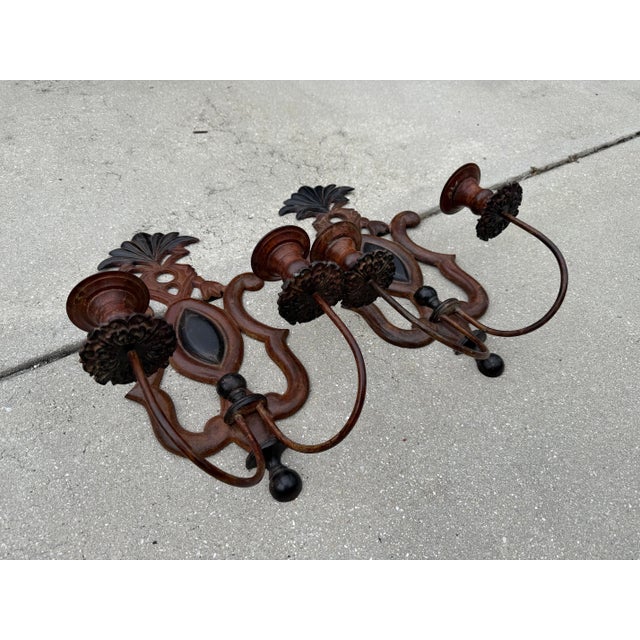 Antique Spanish Revival Cast Iron Double Arm Wall Sconces, a Pair For Sale In Naples, FL - Image 6 of 9