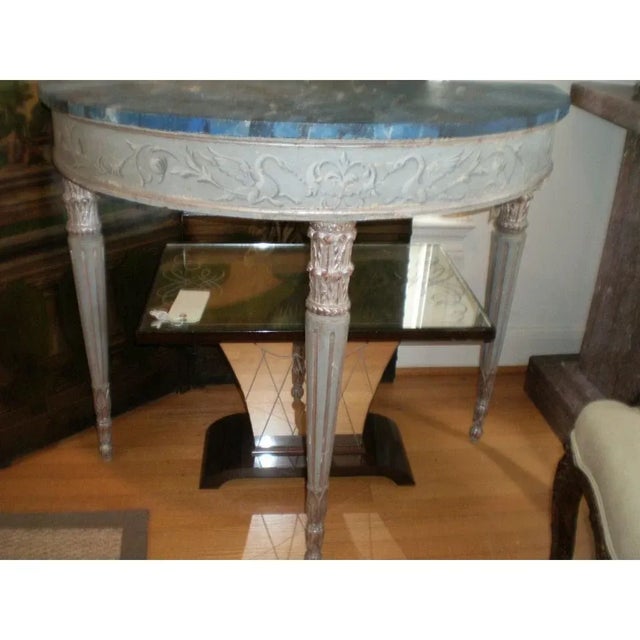 Lovely free standing 19th century antique Neoclassical style Italian hand-painted and silver gilt console table, demi-lune...