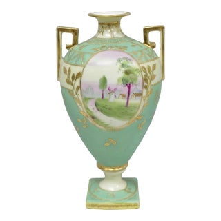 Antique Nippon Porcelain Hand Painted Windmill Scene Green Small Bolted Vase (B) For Sale