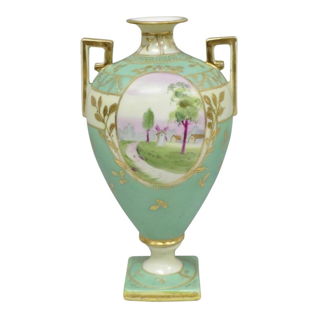 Antique Nippon Porcelain Hand Painted Windmill Scene Green Small Bolted Vase (B) For Sale