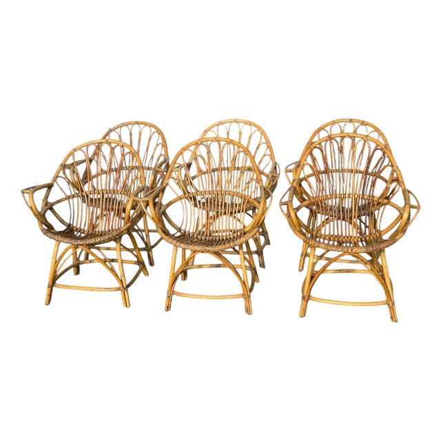 Rattan Armchairs, France, 1960s, Set of 6 For Sale