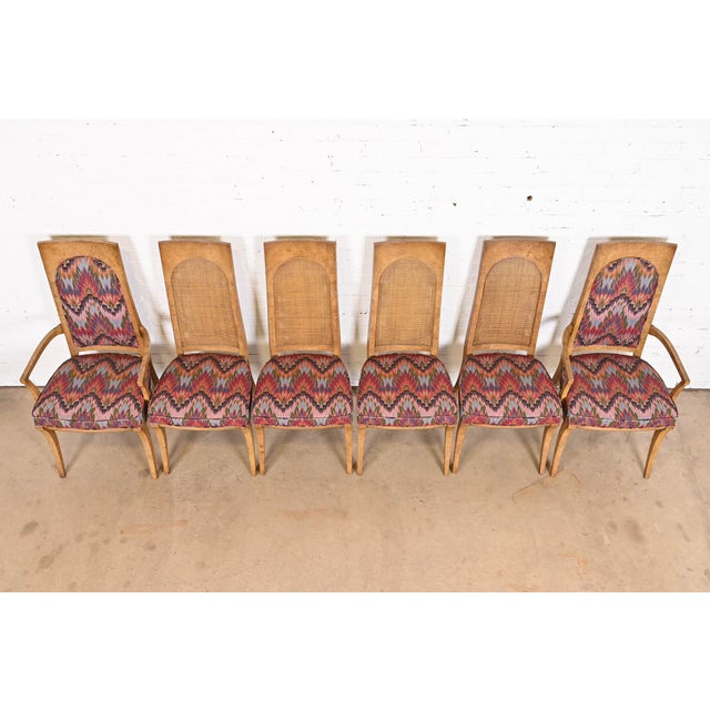 Karges Furniture MidCentury Hollywood Regency Burl Wood, Cane, and Upholstered Dining Chairs