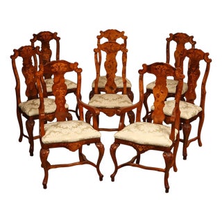 Italian Baroque Style Set of Eight Inlaid Olive Wood Dining Chairs For Sale
