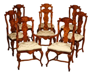 Italian Baroque Style Set of Eight Inlaid Olive Wood Dining Chairs