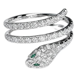Late 20th Century 14K White Gold Diamond Snake Swirl Band Ring Emerald Eyes, Size 7 For Sale