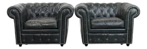Black Grained Cowhide Chesterfield Armchairs, Set of 2