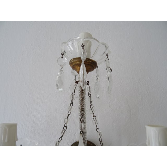 1900 - 1909 1900 French White Opaline Murano Drops Micro Beaded Crystal Sconces 3 Lights For Sale - Image 5 of 12