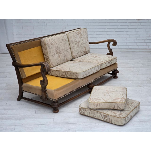 Vintage Danish Three-Seater Sofa in Furniture Fabric and Carved Oak, 1950s For Sale - Image 10 of 18