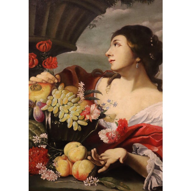 Abraham Brueghel, Girl with Flowers and Fruit, 1680, Oil on Canvas, Framed For Sale - Image 7 of 17