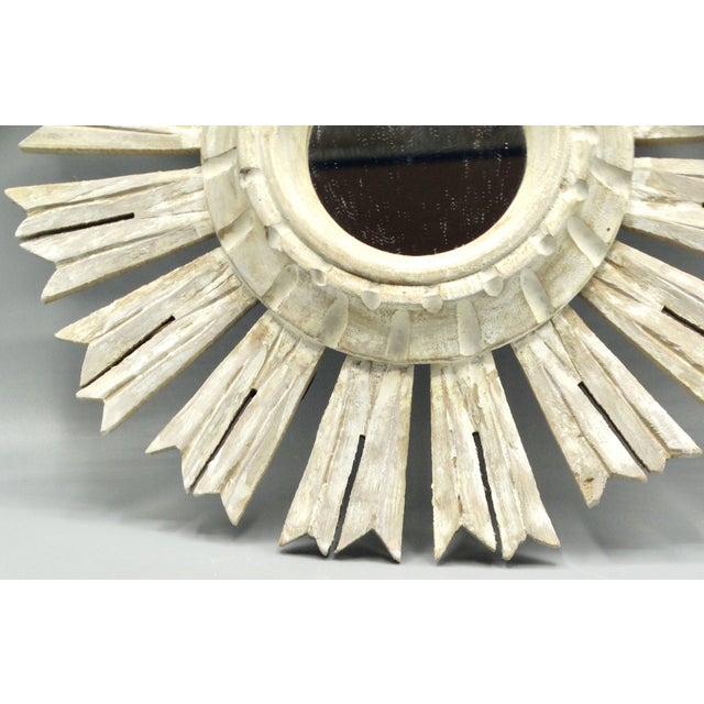 Organic White-Washed Carved Wood Sunburst Mirror For Sale - Image 4 of 11