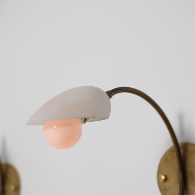 Italian Curved Brass and Opaline Glass Sconces, 1950s, Set of 2 For Sale - Image 9 of 13