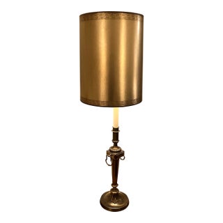 Antique Empire Revival Brass Column Table Lamp Neoclassical W/Greek Key Shade For Sale