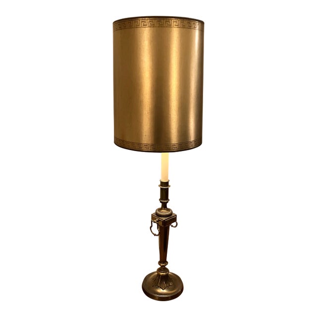 Antique Empire Revival Brass Column Table Lamp Neoclassical W/Greek Key Shade For Sale