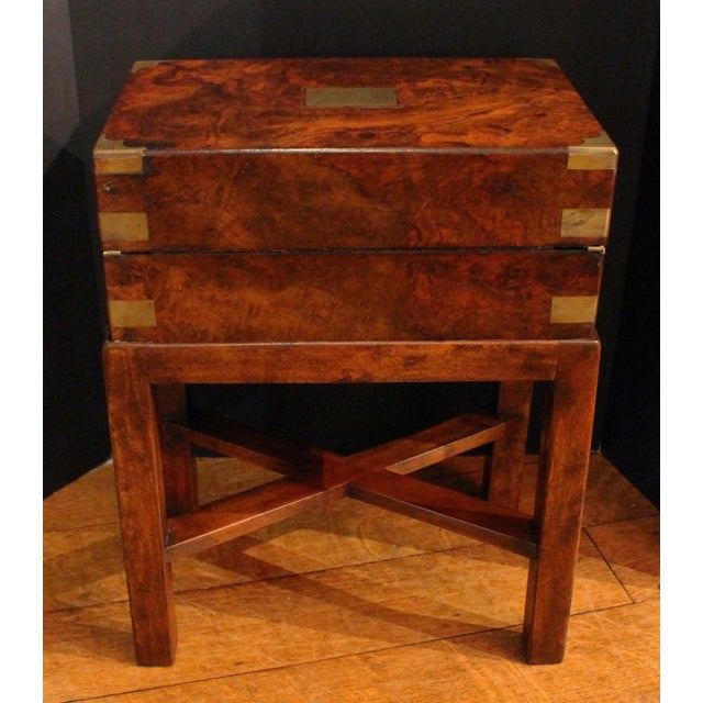 English C. 1860 Burl Walnut English Lap Desk on Custom Side Table Stand For Sale - Image 3 of 9