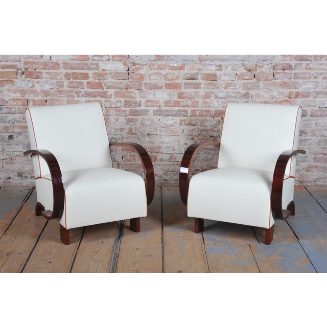 Art Deco Armchairs in Walnut and Leather, Czech, 1930s, Set of 2 For Sale - Image 10 of 12