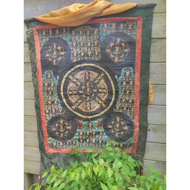 Dark Green 1940s Large Tibetan Thangka Mandala Painting For Sale - Image 8 of 13
