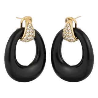 14k Yellow Gold Diamond and Carved Onyx Circle and Turquoise Door Knocker 1.5 Inch Earrings, a Pair For Sale