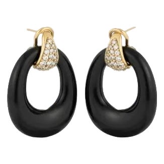 14k Yellow Gold Diamond and Carved Onyx Circle and Turquoise Door Knocker 1.5 Inch Earrings, a Pair For Sale