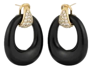 14k Yellow Gold Diamond and Carved Onyx Circle and Turquoise Door Knocker 1.5 Inch Earrings, a Pair