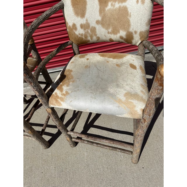 Wood Rustic Hoop Arm Hand-Carved Twig Barstools With Pony Skin - Pair For Sale - Image 7 of 10