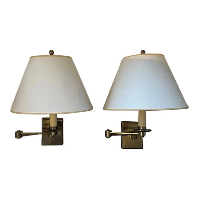 Vaughan Designs Preston Nickel Swing Arm Wall Lights Sconces With Paper Shades - a Pair For Sale