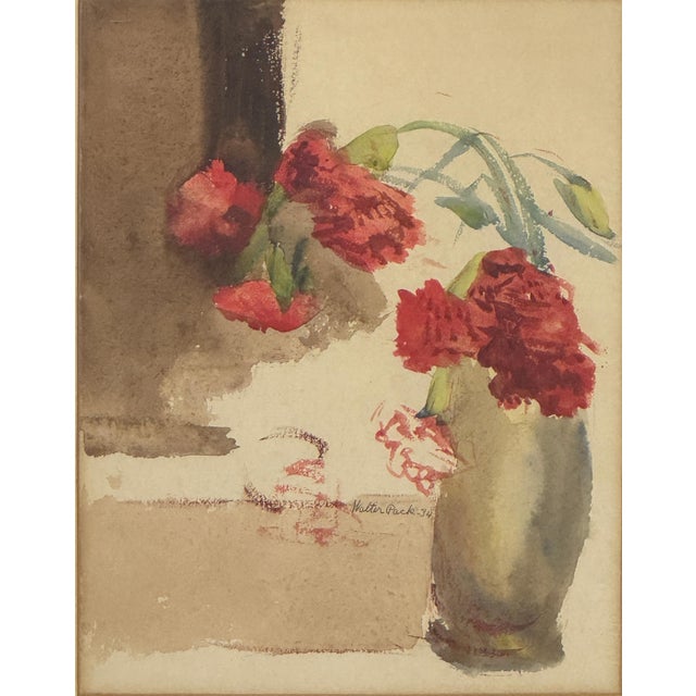 Walter Pach, American, 1883-1958. Red Carnations-Watercolor on paper 1934. Signed by the artists, Exhibited at Leonard...