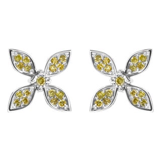 Sterling Silver Yellow Treated Diamond Accent Floral Stud Earrings For Sale