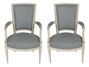 Pair of Painted Louis XVI Style Armchairs in Blue and White Gingham