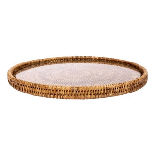Artifacts Rattan 14" Round Serving Tray, Honey Brown with Glass Insert For Sale