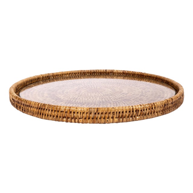Artifacts Rattan 14" Round Serving Tray, Honey Brown with Glass Insert For Sale