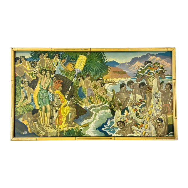 Matson Lines Hawaii "Festival of the Sea" Lithograph by Eugene Savage in Bamboo Framed For Sale