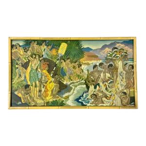 Matson Lines Hawaii "Festival of the Sea" Lithograph by Eugene Savage in Bamboo Framed