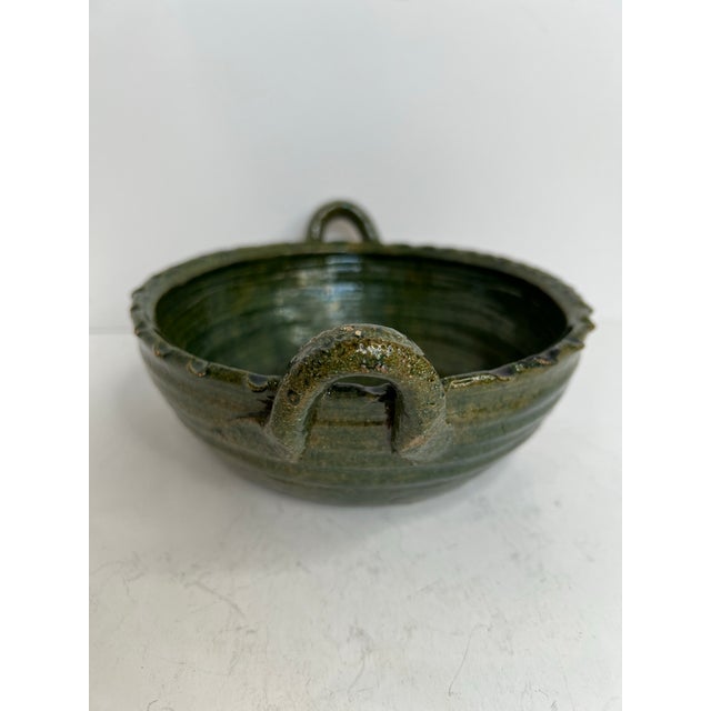 1970s Rustic Oaxacan Barro Verde Pottery Serving Bowl With Handles Green Glazed Incised Floral Earthenware Oaxaca Mexico For Sale - Image 5 of 8