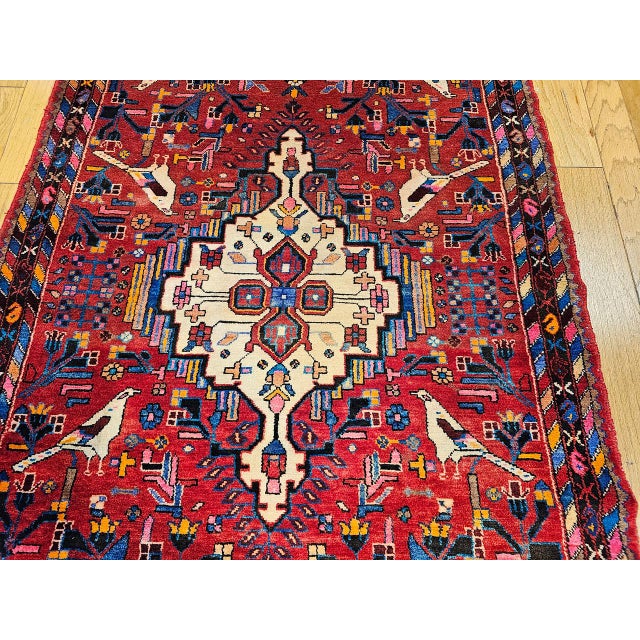 Persian Vintage Persian Hamadan Gallery Area Rug, Hand-Knotted Wool, Tribal Bird Pattern, 6x10, Red & Navy For Sale - Image 3 of 18