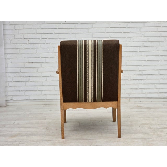 Danish Armchair in Striped Furniture Wool and Carved Oak Wood, 1970s For Sale - Image 10 of 17