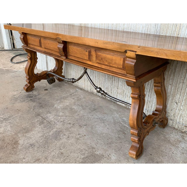 Baroque Late 19th Century Spanish Bench or Low Console Table with Drawers, Lyre Legs and Iron Stretcher For Sale - Image 3 of 18