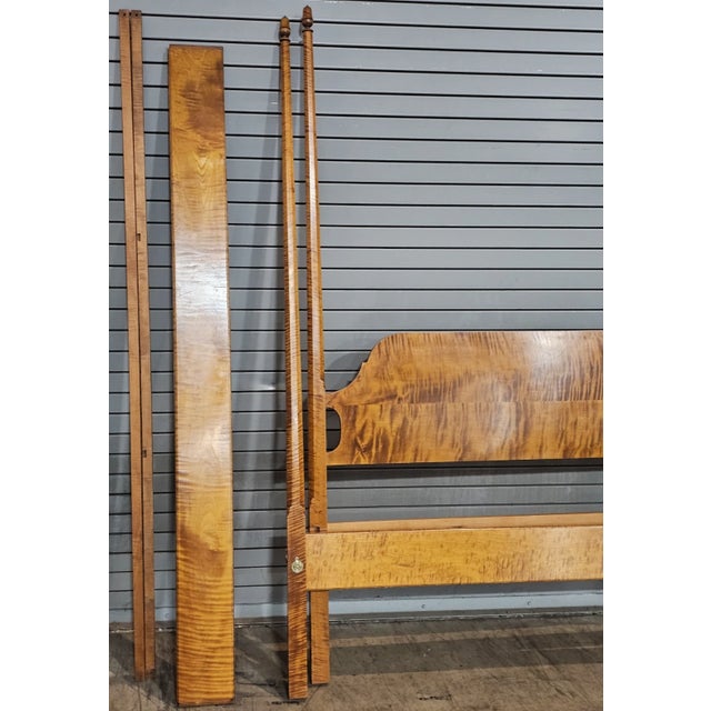 Brown Late 20th Century Benchmade Tiger Maple Queen Size Pencil Post Canopy Carved Bed For Sale - Image 8 of 10