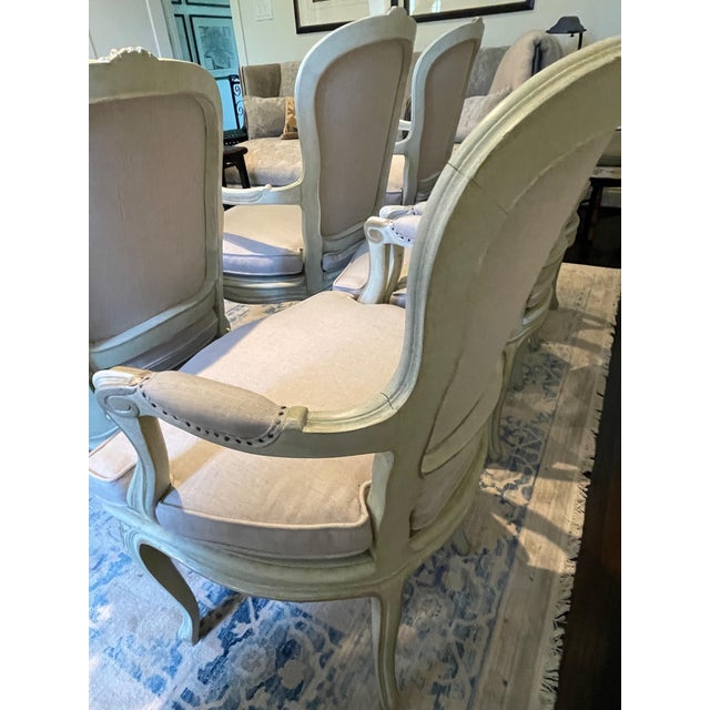 Set of 6 Louis XVI Framed Chairs with New Sunbrella Linen Very pretty and sturdy carved washed frames with gilt accents....