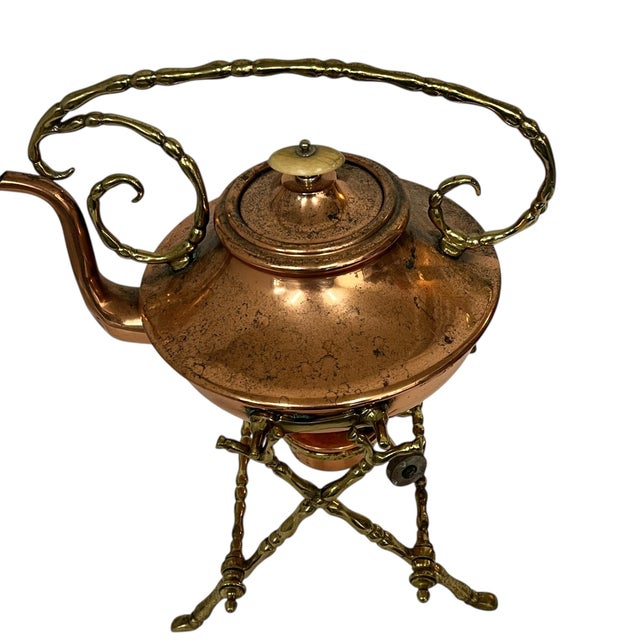 Vintage Copper and Brass Spirit Tea Kettle on Stand With Warmer For Sale - Image 9 of 9