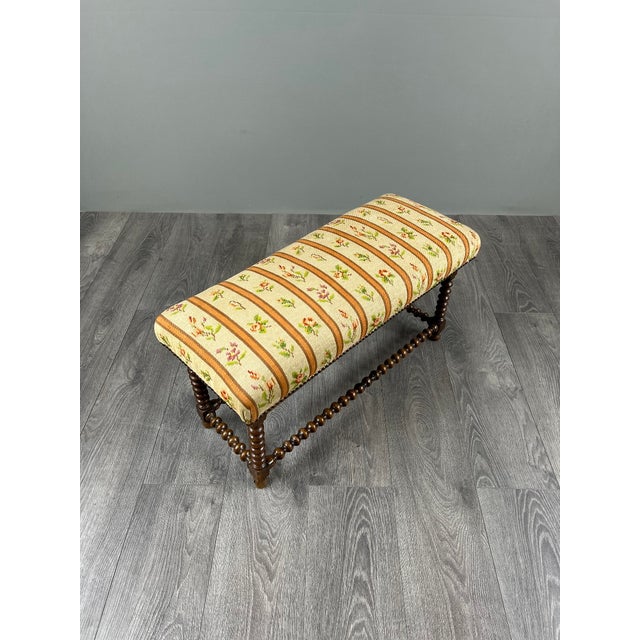 Antique Turned Wood Bench with Floral Tapestry Seat For Sale - Image 6 of 8