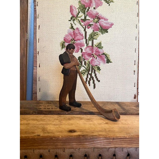 Wood 1970s Black Forest Wood Carving of Man Blowing a Swiss Horn For Sale - Image 7 of 7