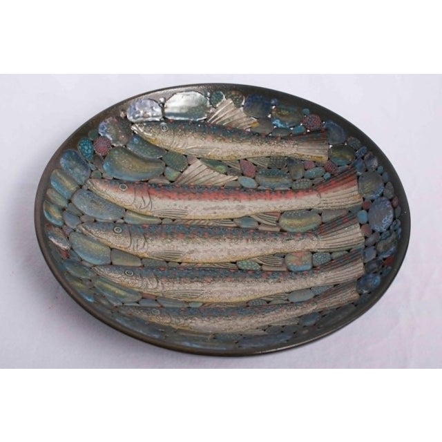 Modernist Palissy Majolica large wall platter featuring five textured, relief-carved, superbly glazed river fish on a...