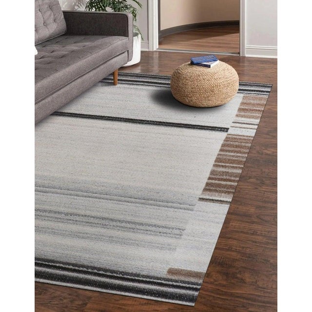 Textile 9x12 Gray Handwoven Wool Viscose Framed Linear Texture Geometric Carpet Rug For Sale - Image 7 of 8
