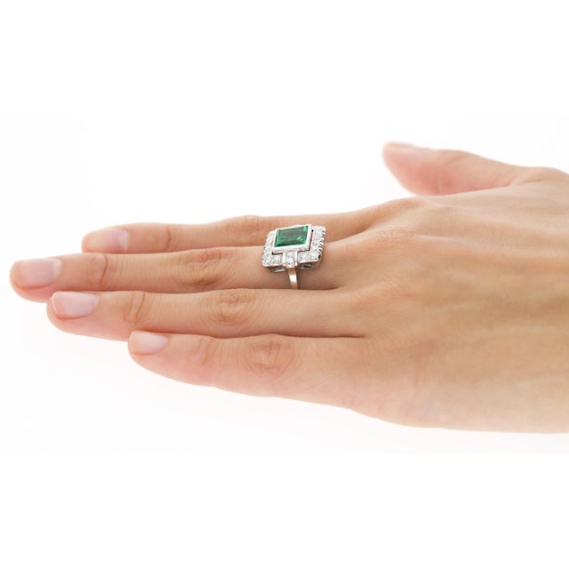 Metal 1960s 2.86 Carat Afghan-Chinese Minor Oil Emerald & Diamond Halo Ring in 18k Gold Size 6 For Sale - Image 7 of 11