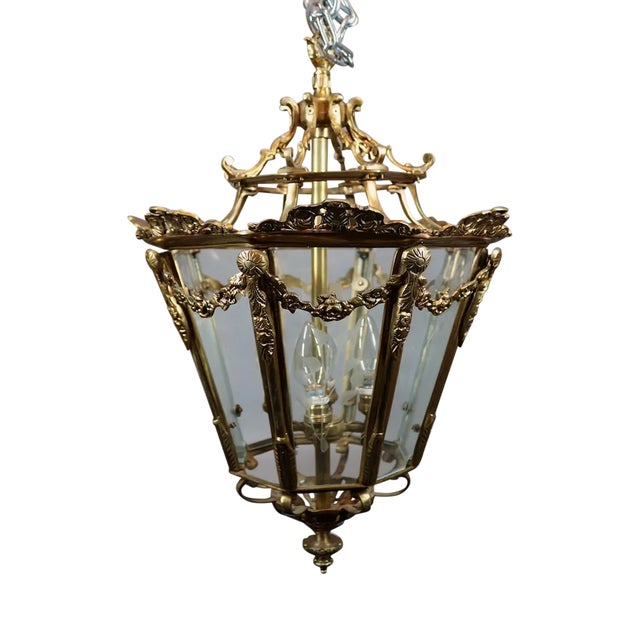 Vintage French Louis XVI Style Bronze Lantern With Elegant Gold Leaf Finish and Floral Engraved Glass For Sale