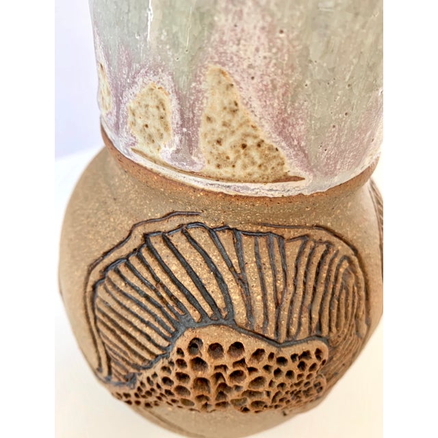 Vintage Vase Studio Pottery, Carved Organic Motif, Signed "Moni" For Sale - Image 9 of 13
