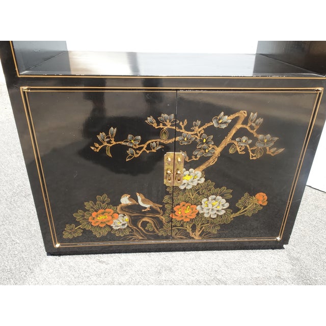 Vintage Chinese Asian Chinoiserie Floral Cabinet ~ Black Lacquered Side Table For Sale In Los Angeles - Image 6 of 15
